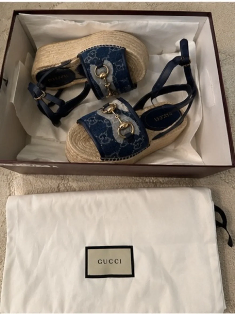 NWT Gucci Paloma GG Denim Horsebit Platform Espadrille Sandals EU 35